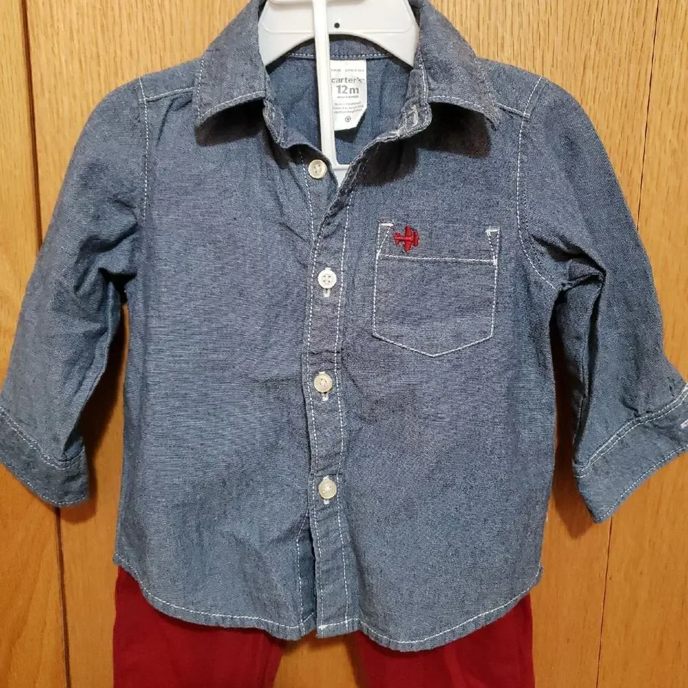 Carter’s Baby Boy 3-Piece Vest Set Denim Shirt Maroon Pants 12 Months